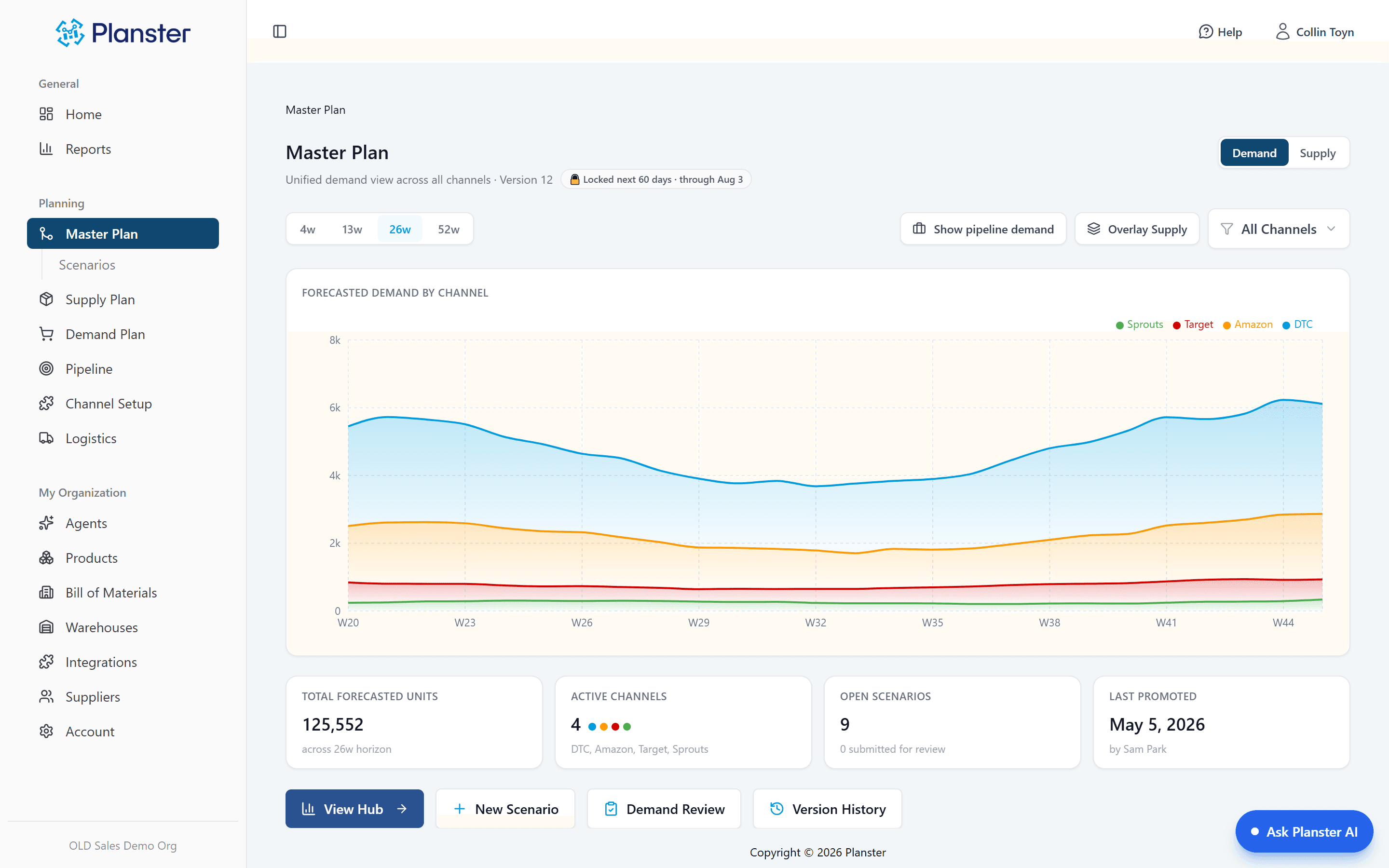 Planster's demand plan — one forecast across every channel, with the purchase orders and production it drives